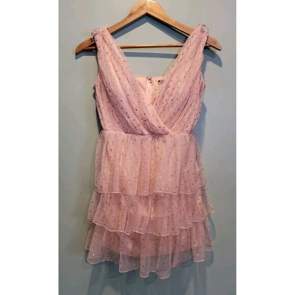 Y2K City Triangles Pink Mesh Tiered Gold Polkadot Mini Dress Sz 9 Fairy - Picture 1 of 7